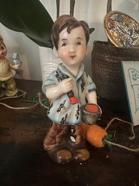 Porcelain Boy Figurine in Light Blue with Paintbrush and Bucket